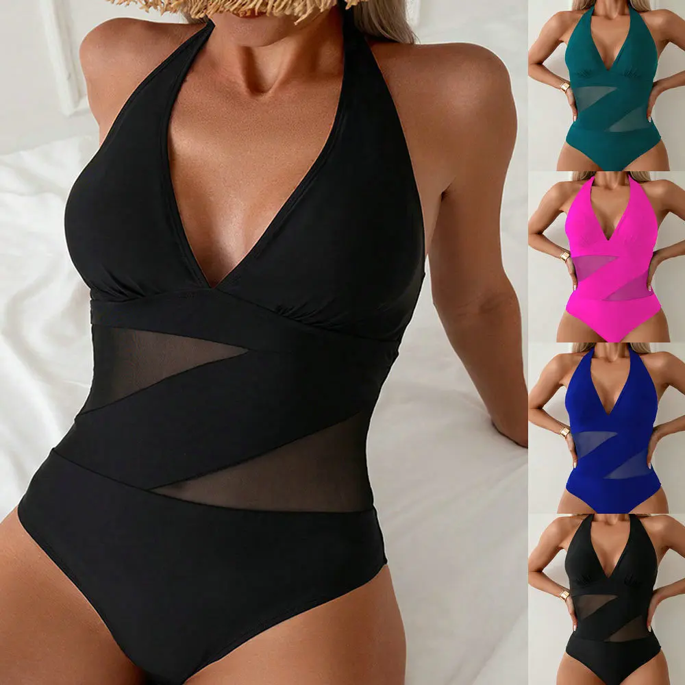 

2025 New Tight-fitting One-piece Swimsuit Women's Halter Sexy Cross-color Matching Swimsuit