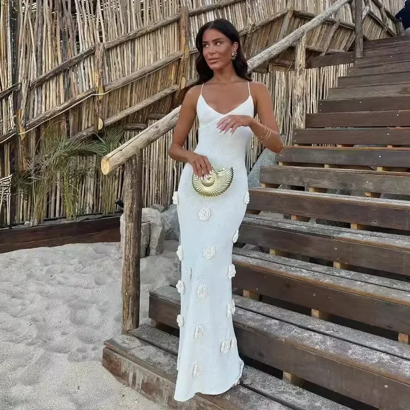 2025 Verano Mujer Knit Maxi Cami Vestido 3D Floral Body Con Vestidos largos