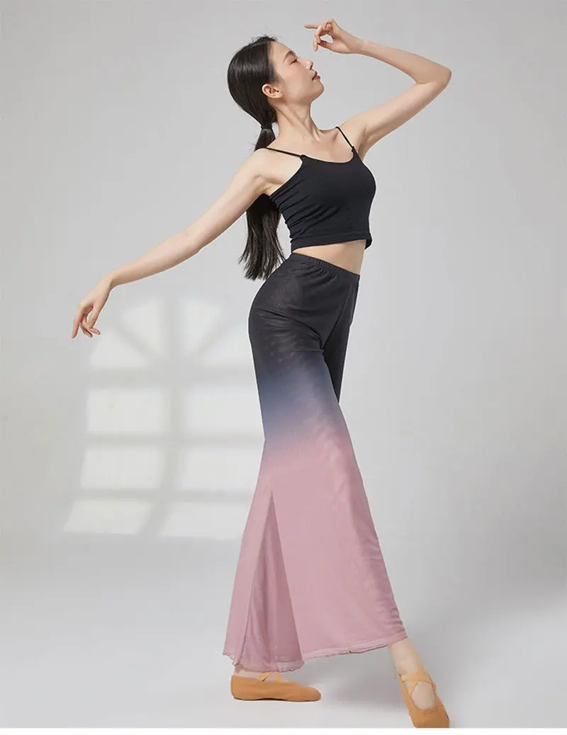 Pantalones de baile de tela de red que cambian de color para mujer, diseñados clásicamente para entrenamiento y rendimiento, estilo fluido de pierna ancha
