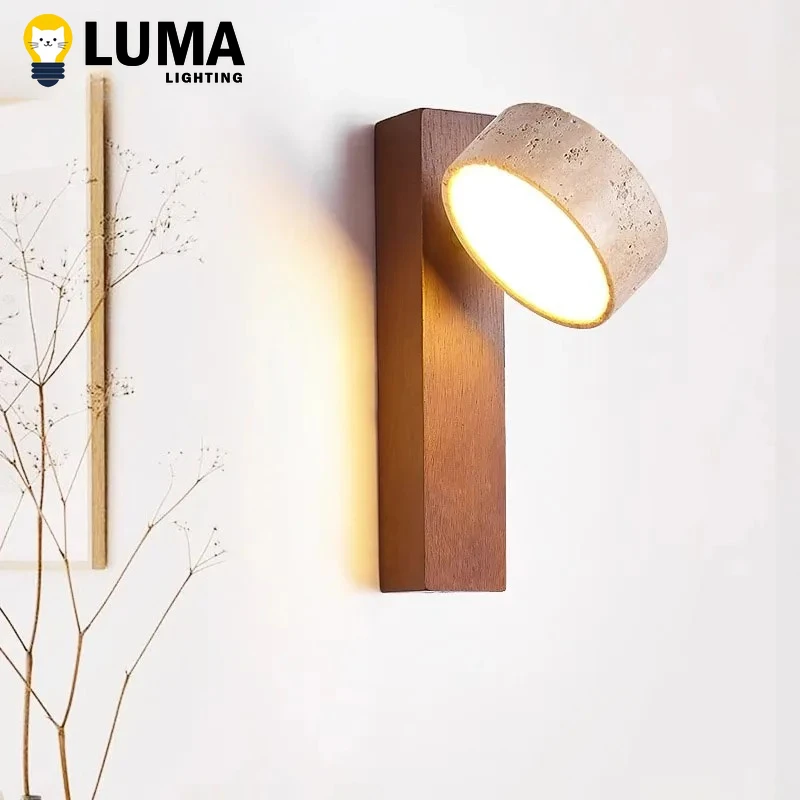 

Led Wall Lamp Bedroom Beside Light Wabi Sabi Style Wooden Stone Lighting Fixture Walnut Log Wood Color Natural Lights Rotatable
