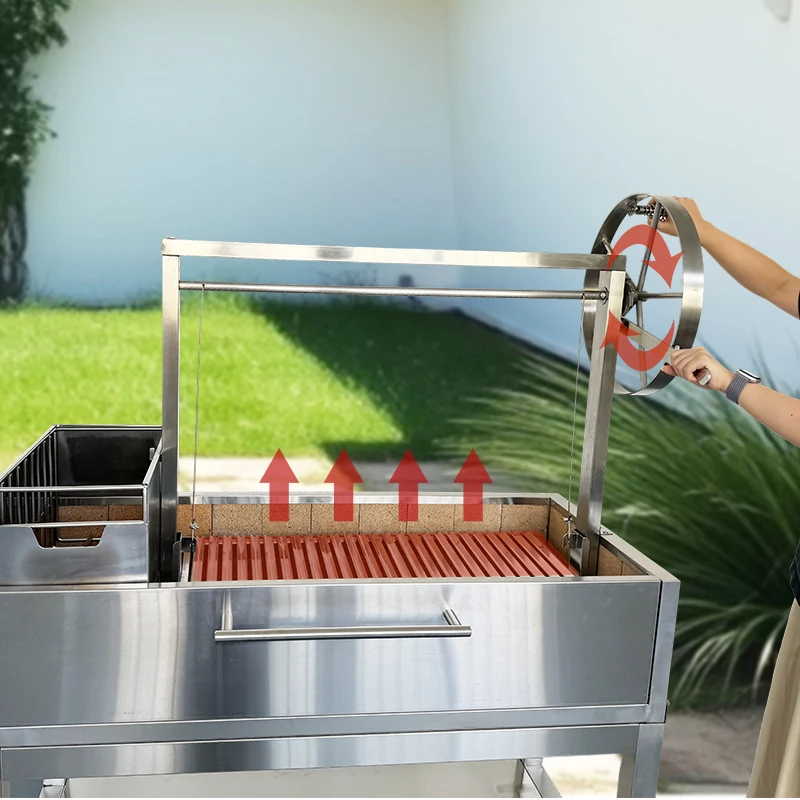 Argentinian Charcoal Grill Stainless Steel Wood Fire BBQ Parrilla with Crank Handle and Bottom Shelf for Backyard