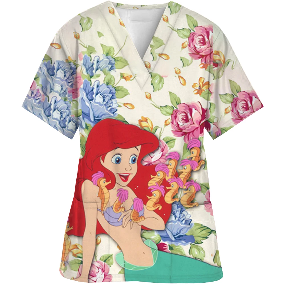 Disney Princess Print nurse uniform dental clinic V-neck surgical gown Snow White pet hospital work clothes women's short-sleeve