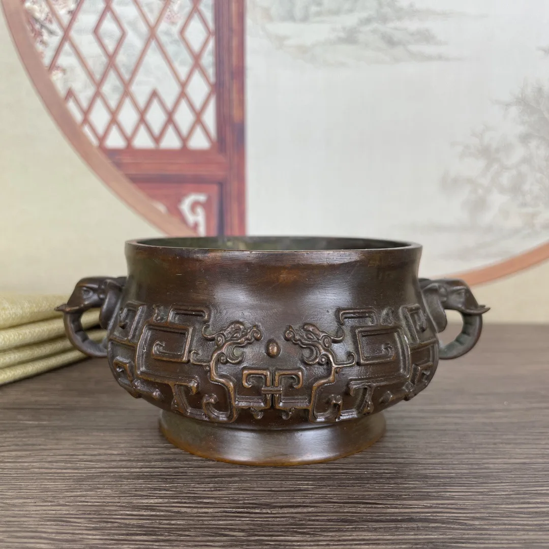 

Sculpture made old old pulp elephant head dragon pattern furnace with lid ornament retro cultural play home plate incense burner