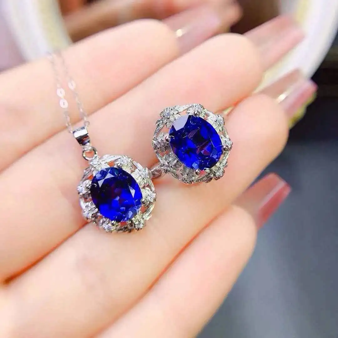 Free Shipping Pure Natural Sapphire Set 925 Sterling Silver Women Jewelry set 1pc ring,1pc pendant