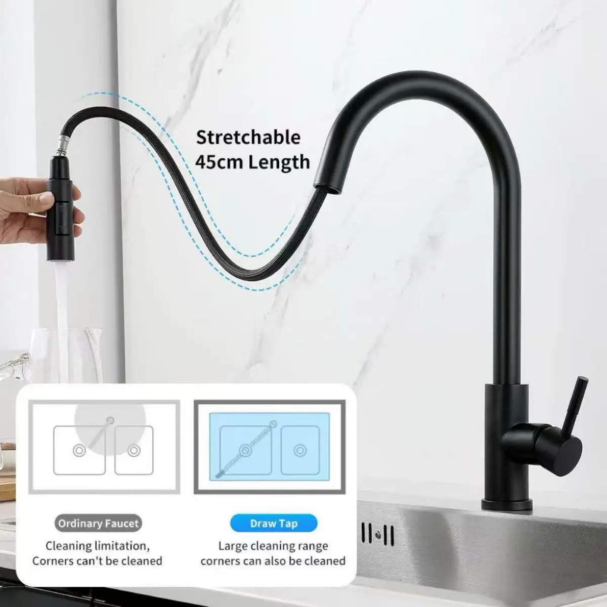 

Kitchen Faucet Single Hole Pull Out Spout Kitchen Sink Mixer Tap Stream Sprayer Head Chrome/Black Mixer Tap