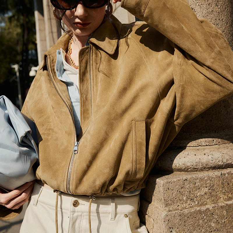 

Женская импортная замшевая кожаная куртка, осень 202, новинка осени, дизайн с завязками на талии, женская роскошная куртка из козьей кожи с лацканами, короткое пальто