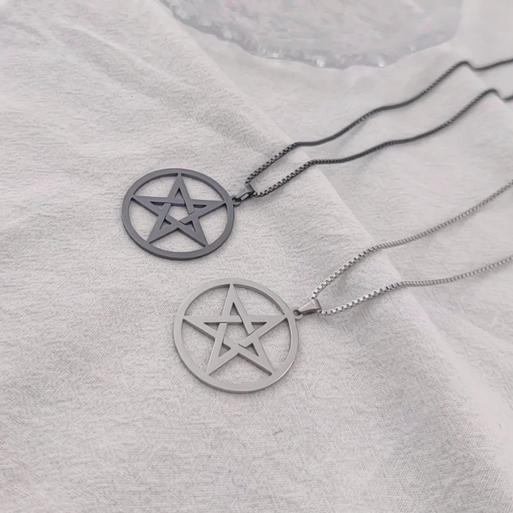 Round Pendant Necklace for Men Fashion Stainless steel Black Color Star Pentagram Pendant Box Chain Necklaces Jewelry For Women