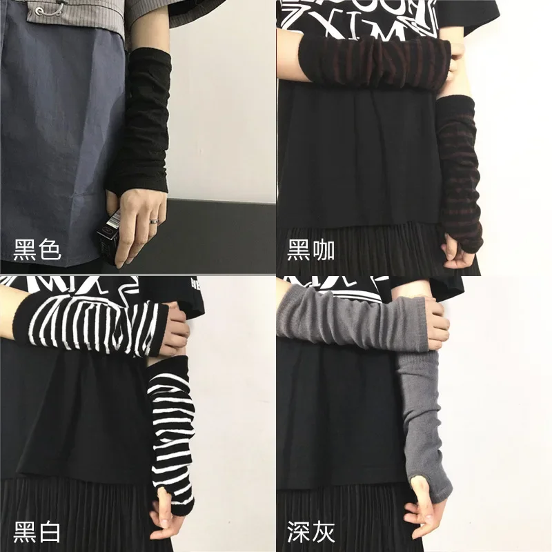 Guanti invernali caldi a maniche lunghe per uomo donna guanti a gomito lavorati a maglia hip-hop a righe senza dita braccio scaldino esterno elastico Lolita