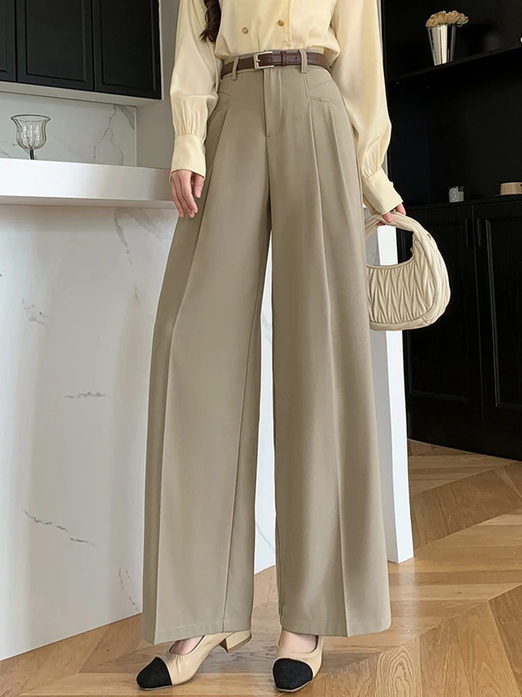 

Elegant High Waist Office Wear Women Pants Korean Spring Summer Wide Leg Long Pants Vintage With Belt Khaki Black Suit Trousers