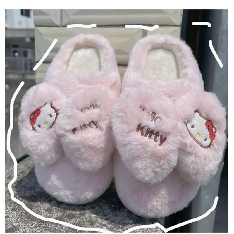 Sanrioed Hello Kitty Plush Slippers Women Kawaii Anime Winter Indoor Cotton Household Soft Cute Girl Student Sweet Thick Bottom