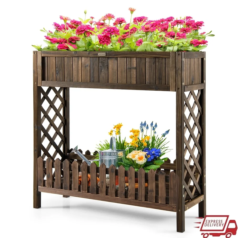 

2-Tier Wooden Raised Garden Bed Planter Box with Bottom Storage Shelf Vegetables Fruits Herbs Ergonomic Height Design Drainage