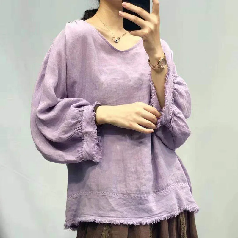 Johnature Summer New Solid Color Tassel Vintage Linen Women Tops 2024 New Casual O-neck Batwing Loose 2 Colors Female T-Shirts