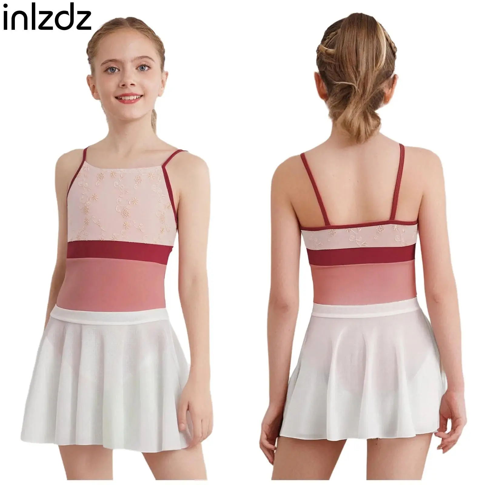 

Kids Girls 2-Piece Lyrical Ballet Dance Outfits Sleeveless Floral Embroidery Color Block Leotard with Sheer Mesh Skirt Dancewear