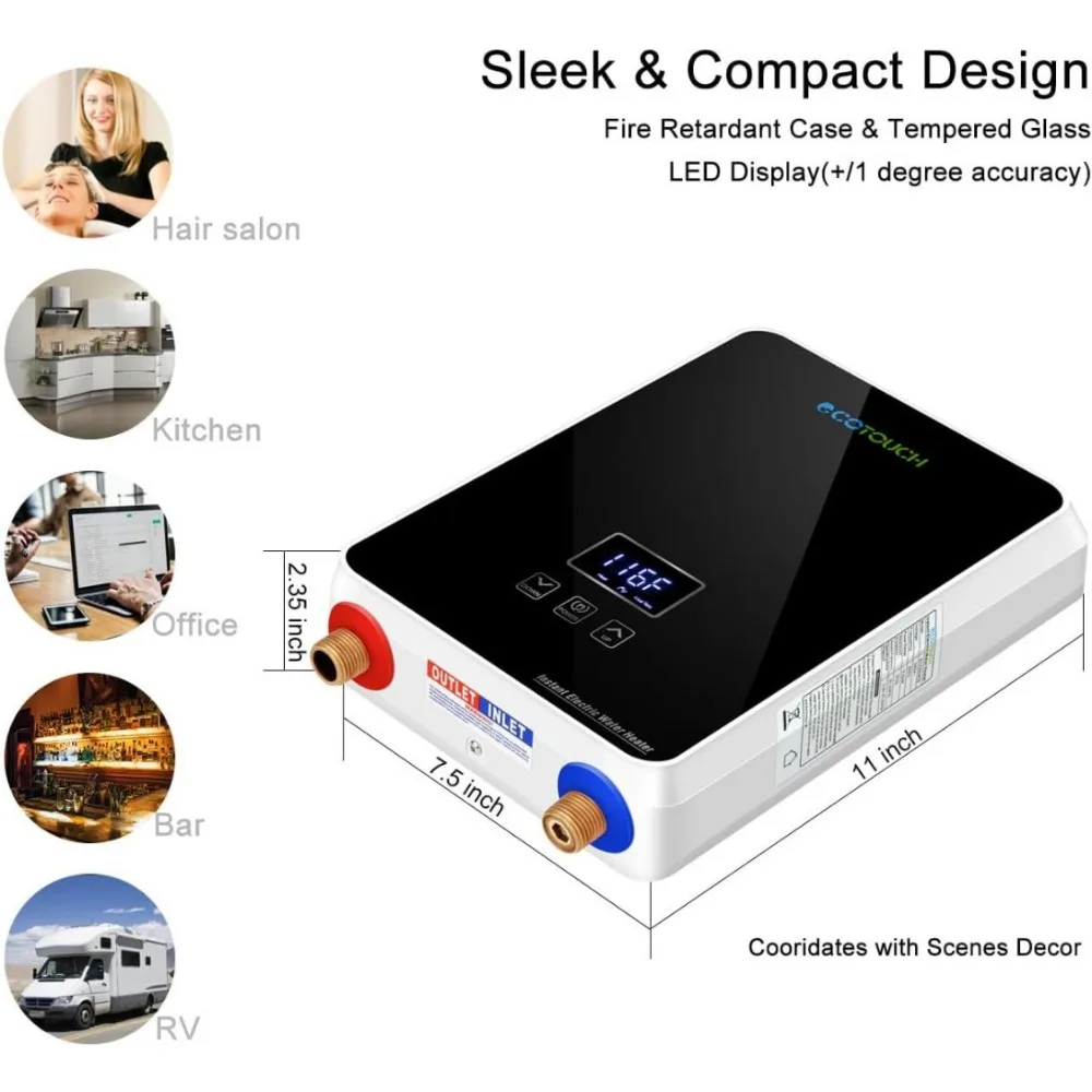 Bezzbiornikowy podgrzewacz wody elektryczny 240V, natychmiastowy podgrzewacz ciepłej wody cyfrowy wyświetlacz 5,5 kW na żądanie, ochrona przed przegrzaniem, czarny