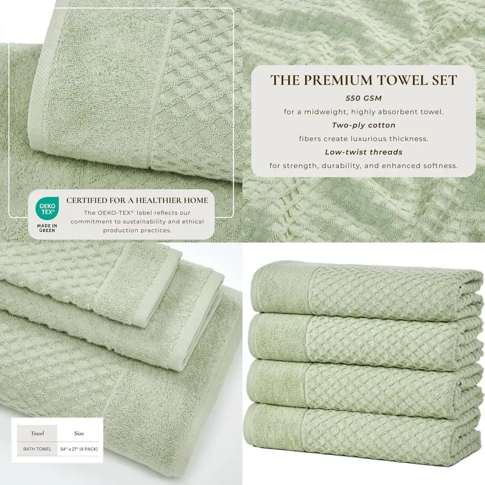 

4-Piece Pure Cotton Pale Green Bath Towel Set - Soft, Durable & Fast Drying for Home