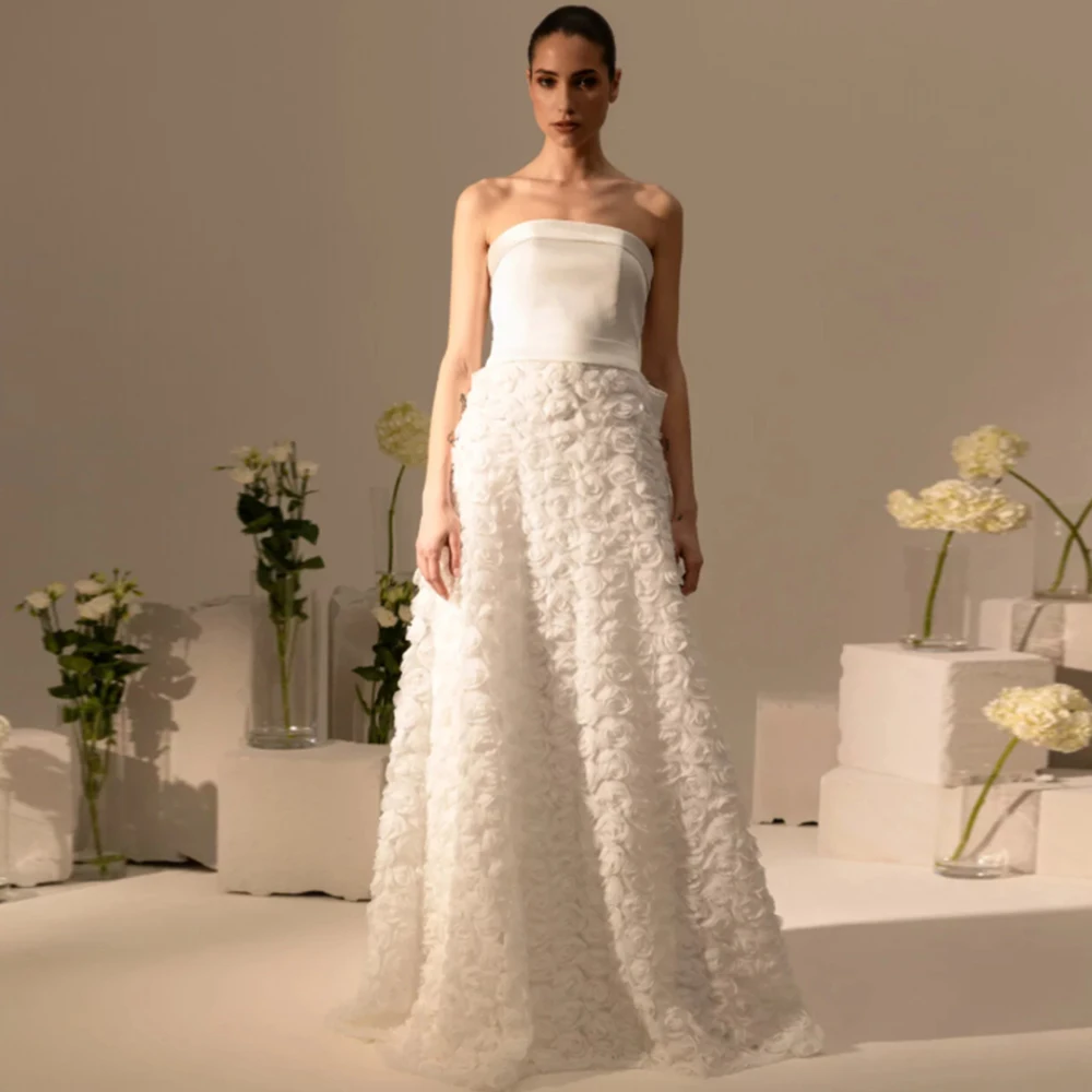 Luxury Wedding Party Dresses for Women 2025 Satin A-line Engagement Dress Ivory Strapless Applique Bow Hall Wedding Dress Long