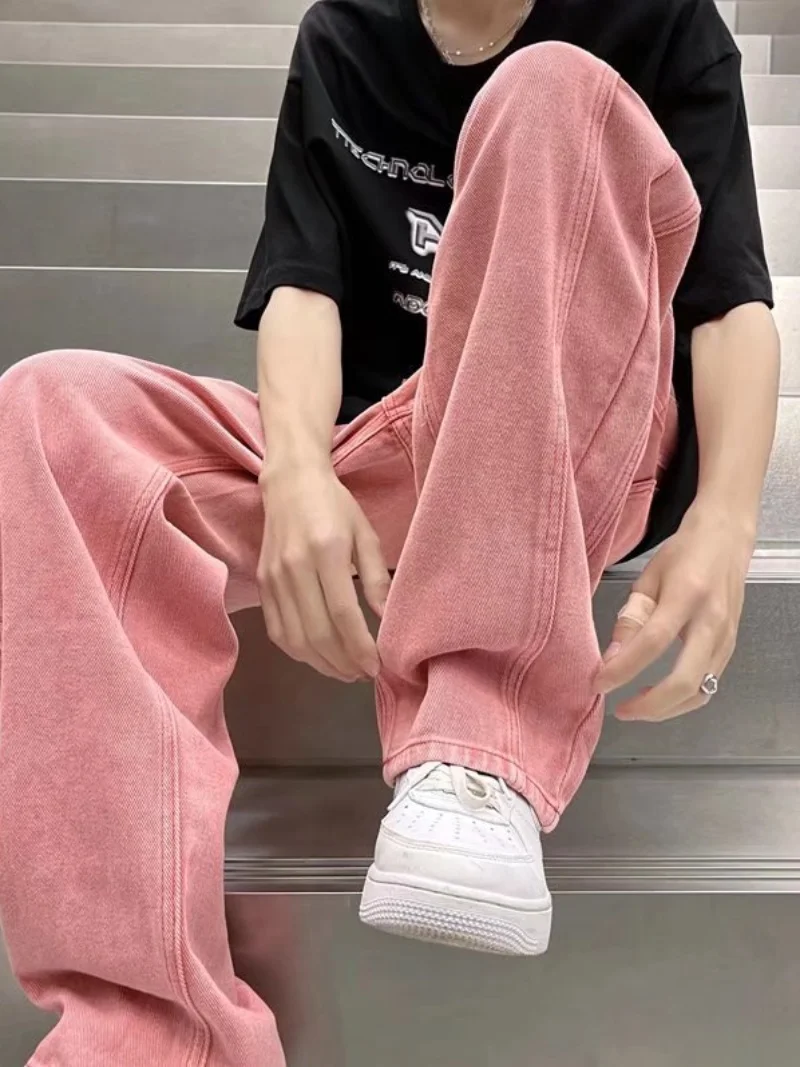 

Pink Denim Jeans Men's Spring Autumn Loose Straight American Workwear Trousers Casual High Street Sle Youth Faion