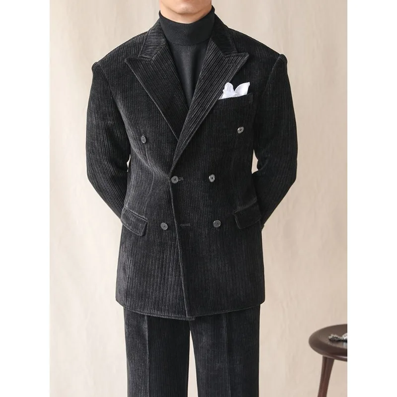 Casual Corduroy Suit Men's Winter Peaked Lapel Double-breasted Business Drape Slim Jacket