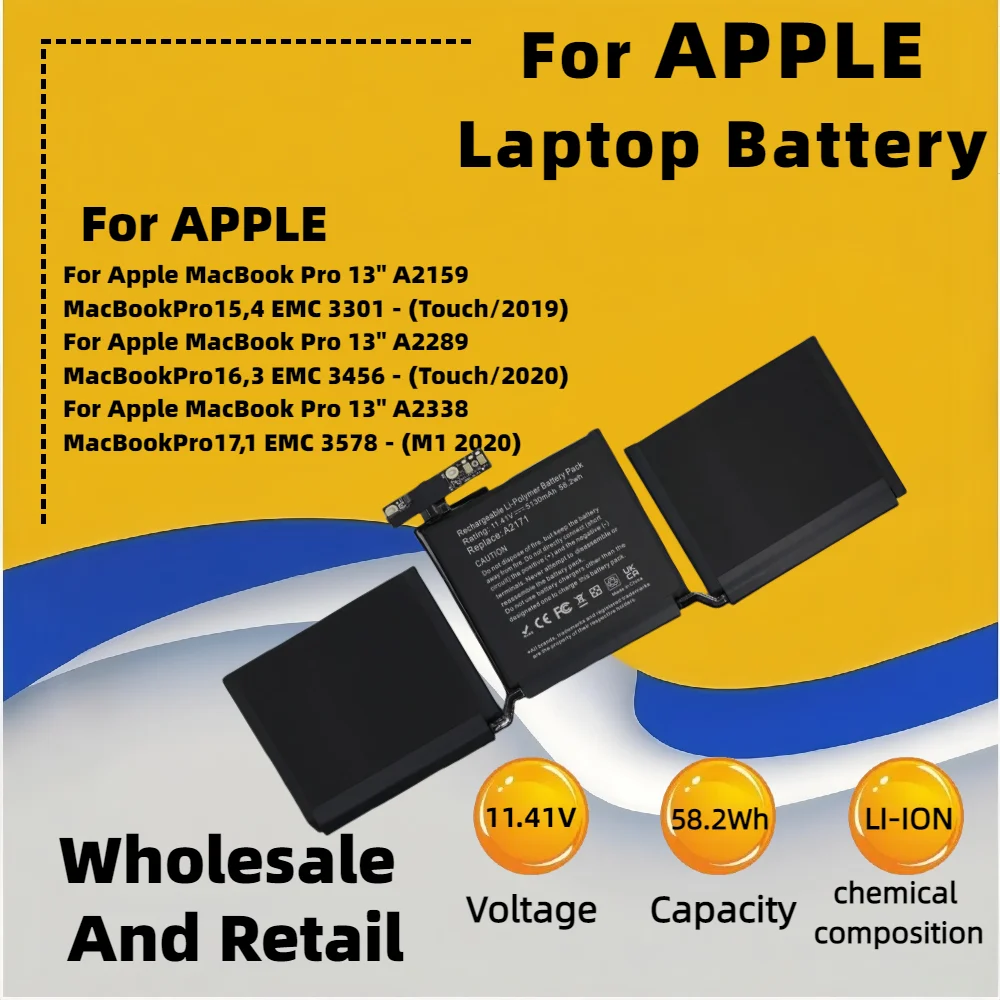 FRLESUI Replacement Laptop Battery A2171 616‑00675 58.2Wh 5103mAh 11.41V 3‑Cell Li‑Polymer For MacBook Pro 13‑Inch Mid 2019 A2159 Touch Bar