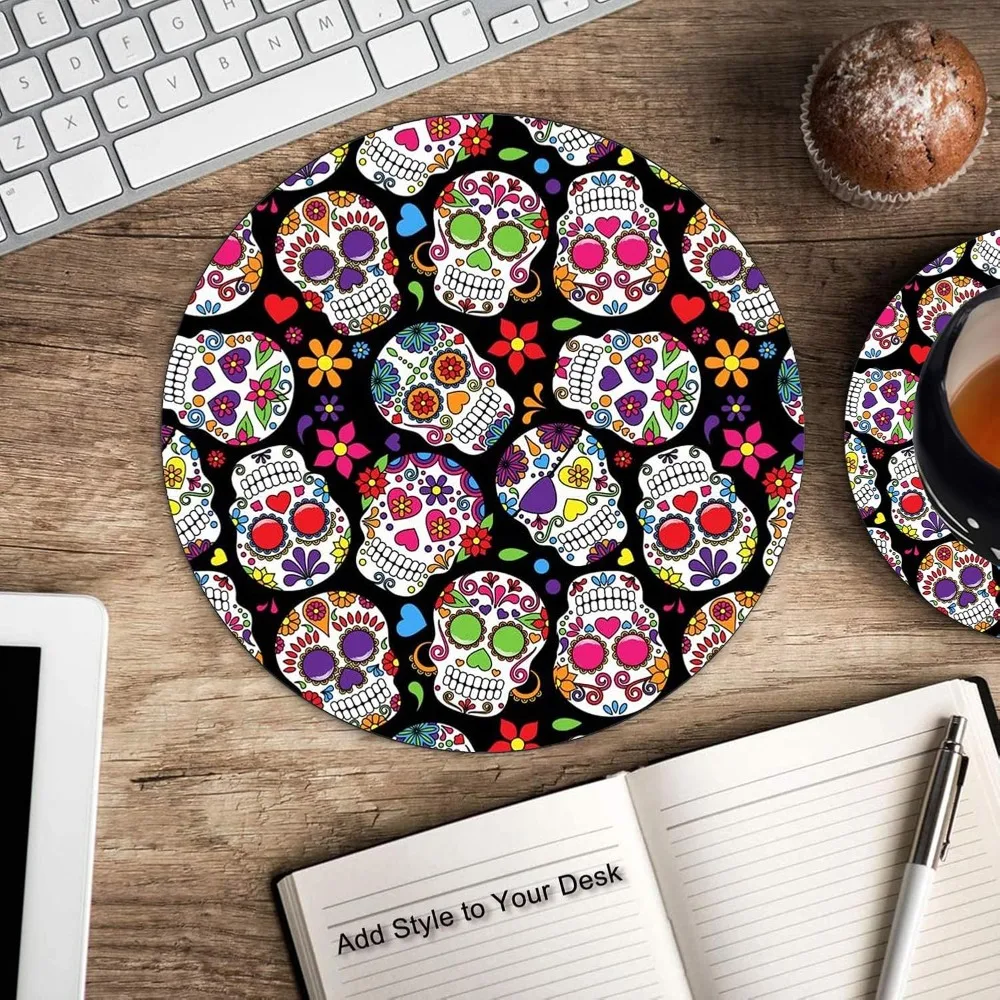 둥근 마우스 패드 및 컵받침 세트 - 죽은 자의 날 빈티지 슈가 스컬 디자인, 미끄럼 방지 고무 베이스, 맞춤 제작 가능