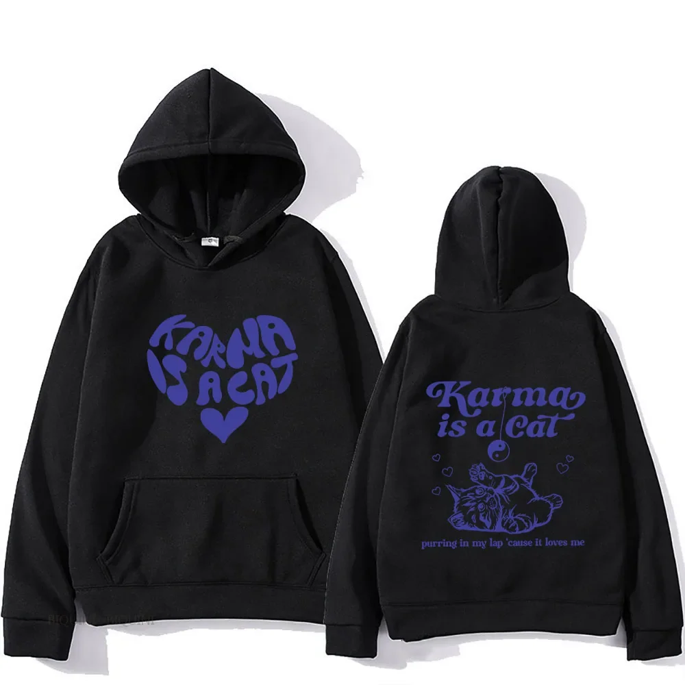 The Eras Tour Karma Is A Cat Essentials Hoodies Men Kawaii/Cute Animals Printed Sweatshirts Manga Streetwear Pullovers Polyester