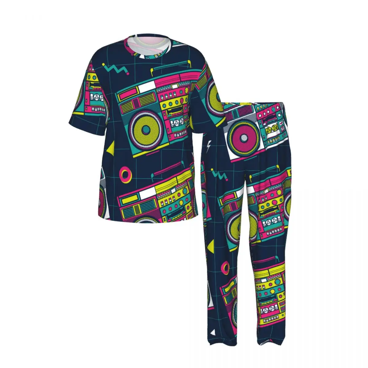 Men Pajamas Set Retro Pop Eighties Boombox Radio 80's Pattern Short Sleeve Spring Summer Lounge Sleepwear Male Nightwear