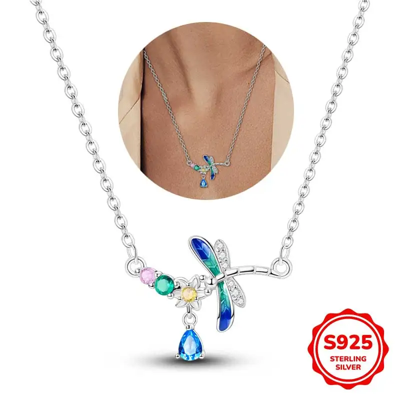 2026 New 925 Sterling Silver Dragonfly Flower Pendant Necklace Inlaid Multicolor Cubic Zirconia Hypoallergenic All-match Daily F