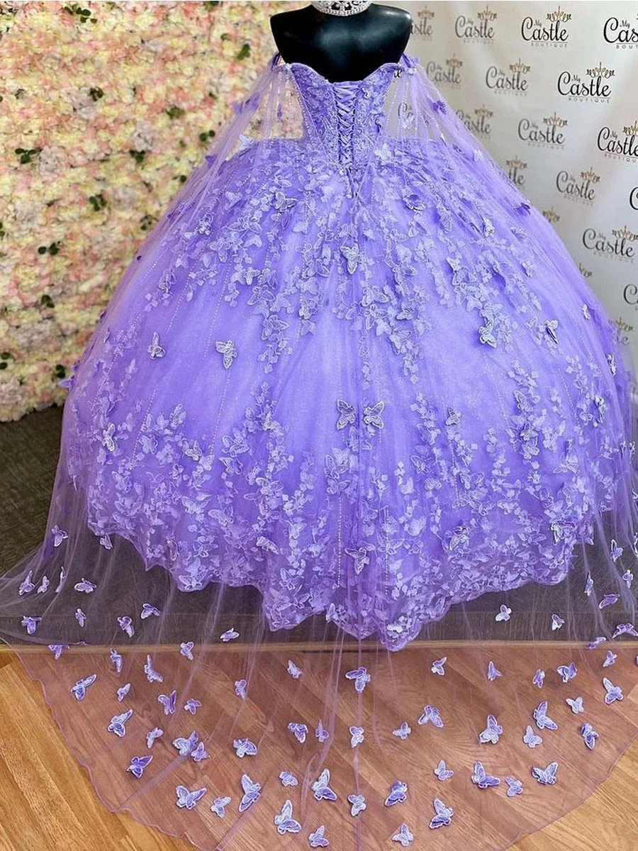 ANGELSBRIDEP-vestido De princesa lavanda lila para quinceañera, con capa envolvente, encaje De mariposa, para graduación, 15 años