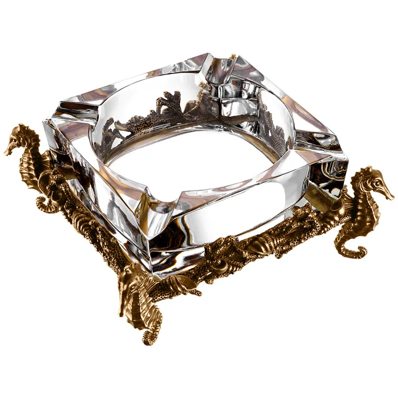 Cigar ashtray, exquisite bronze carving base, European crystal smoke groove creative living room office decoration
