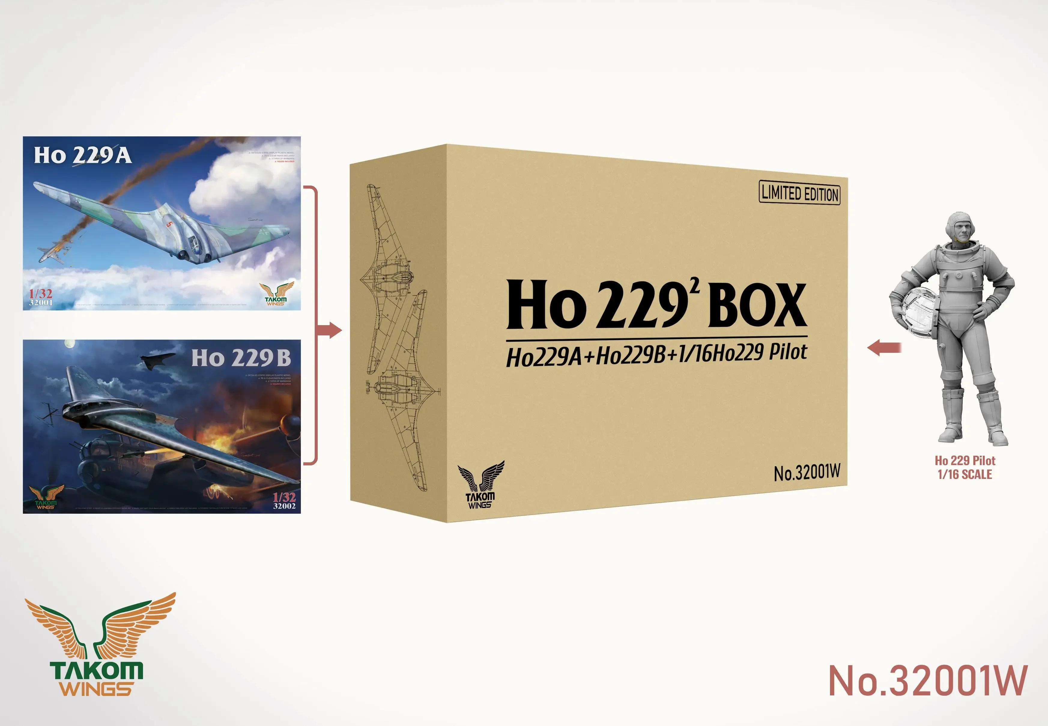 TAKOM Assembled Plastic Model Kit 32001W 1/32 Ho 229 BOX 2 Ho229A + Ho229B + 1/16Ho229  Pilot-Limited