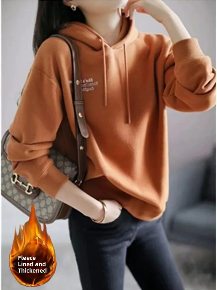 

Корейская толстовка с буквенным принтом для женщин, утепленная флисовая, осенне-зимняя, новая, в уличном стиле, повседневная, удобная, укороченная