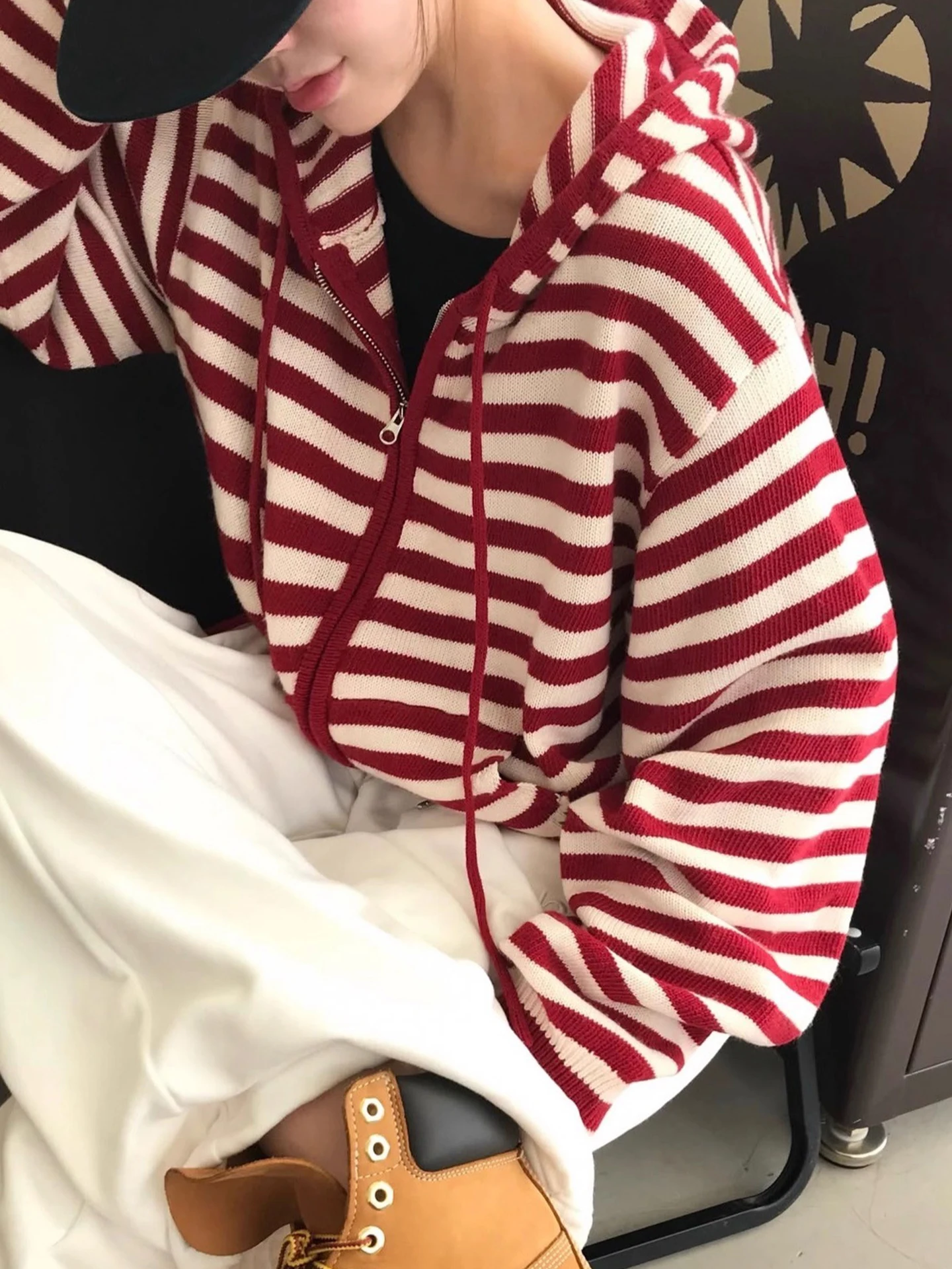 レディース ルーズフィット ストライプ ジップニット カーディガン 秋冬新作 スレ 快適な着心地 カジュアル ウィンド 女性用 ロングスリーブ...