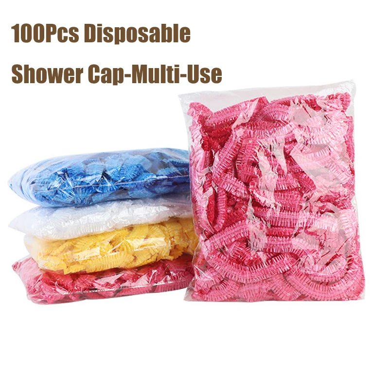 100 ชิ้นหมวกอาบน้ําแบบใช้แล้วทิ้งกันน้ํา Earmuffs ผมหมวกสําหรับสปา Salon ผมแห้งหนาพลาสติกหมวกอาบน้ําเด็ก