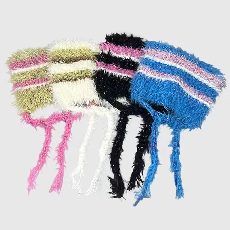 Cat Ear Contrast Stripe Handmade Crochet Plush Hat Children\'s cute ear protection warm imitation mink wool cap in winter