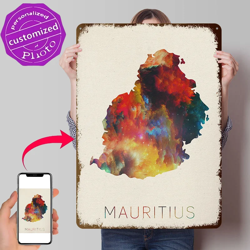 Mauritius Watercolor Map Personalized 3D Textured Metal Poster Wall Art Tinplate Sign for Luxury Decoration Home Decor Room Cozy