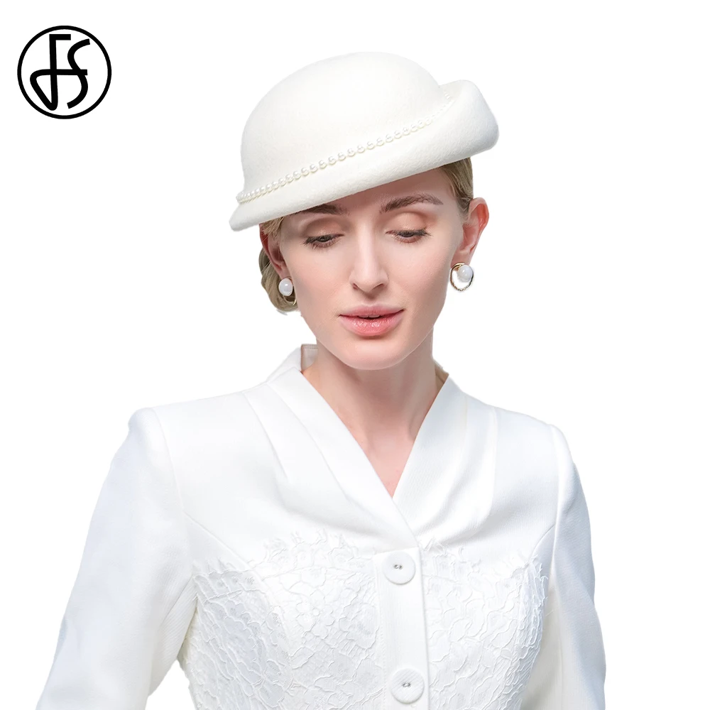 FS White Beret British Vintage Luxury Woman Top Hat Wedding Ceremony 2024 Winter Wool Fedora Elegant Church Cap With Faux Pearls