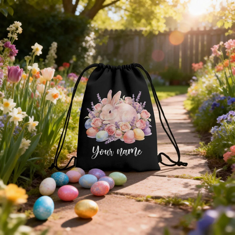 Custom Name Watercolor Floral Easter Bunny Drawstring Backpack Personalized Rabbit Egg Sackpack Kids Easter Gift Drawstring Bag