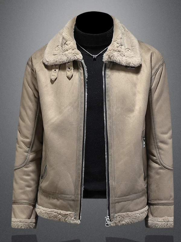 

Мужская зимняя утепленная куртка из искусственной кожи с воротником из овечьей шерсти, приталенная, повседневная, с длинными рукавами, на молнии