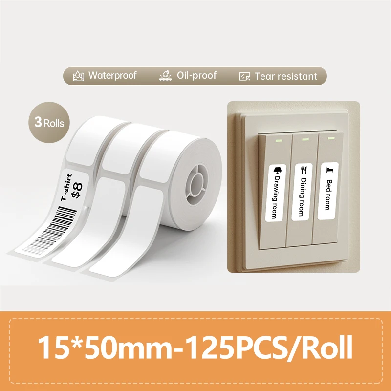 3 rollen/set Niimbot thermisch etiketpapier, waterdicht, krasbestendig, geschikt voor D110, D11, D101, H1, H1S smart-etiketprinters.