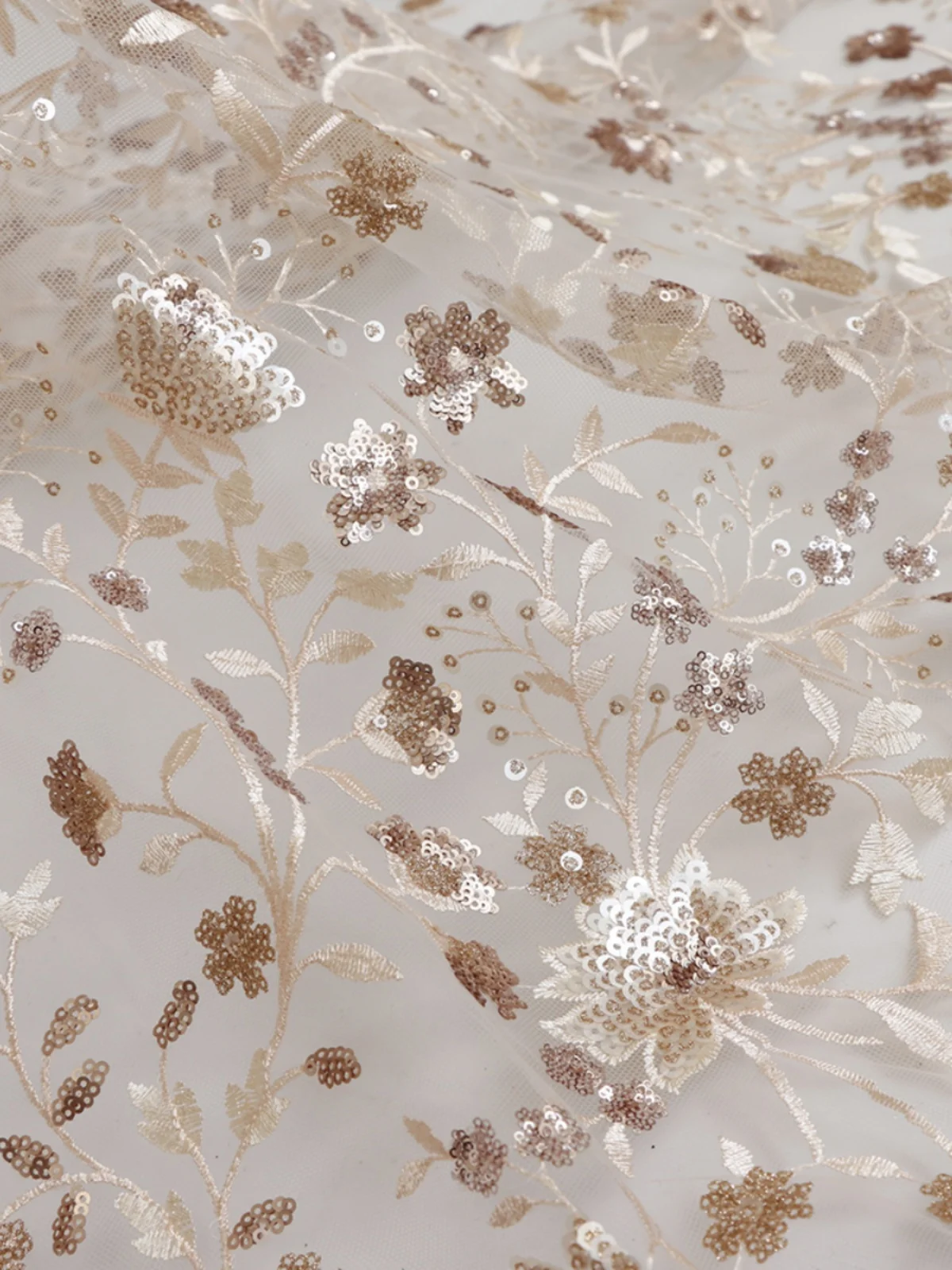 Sequin Champagne Flower Embroidery Lace Mesh Fabric Design Sewing Material Dress Garment Wide Wide 130cm Sold By Half Yard