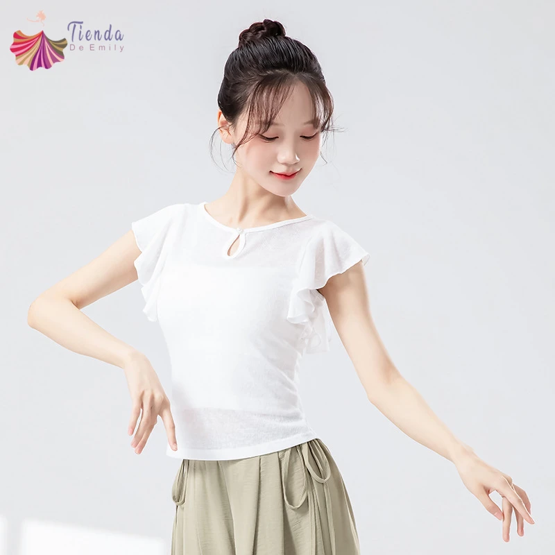 top-de-danca-feminino-moderno-roupas-de-pratica-plissado-manga-curta-camiseta-cor-solida-trajes-de-palco-estilo-chines-verao-dancewear