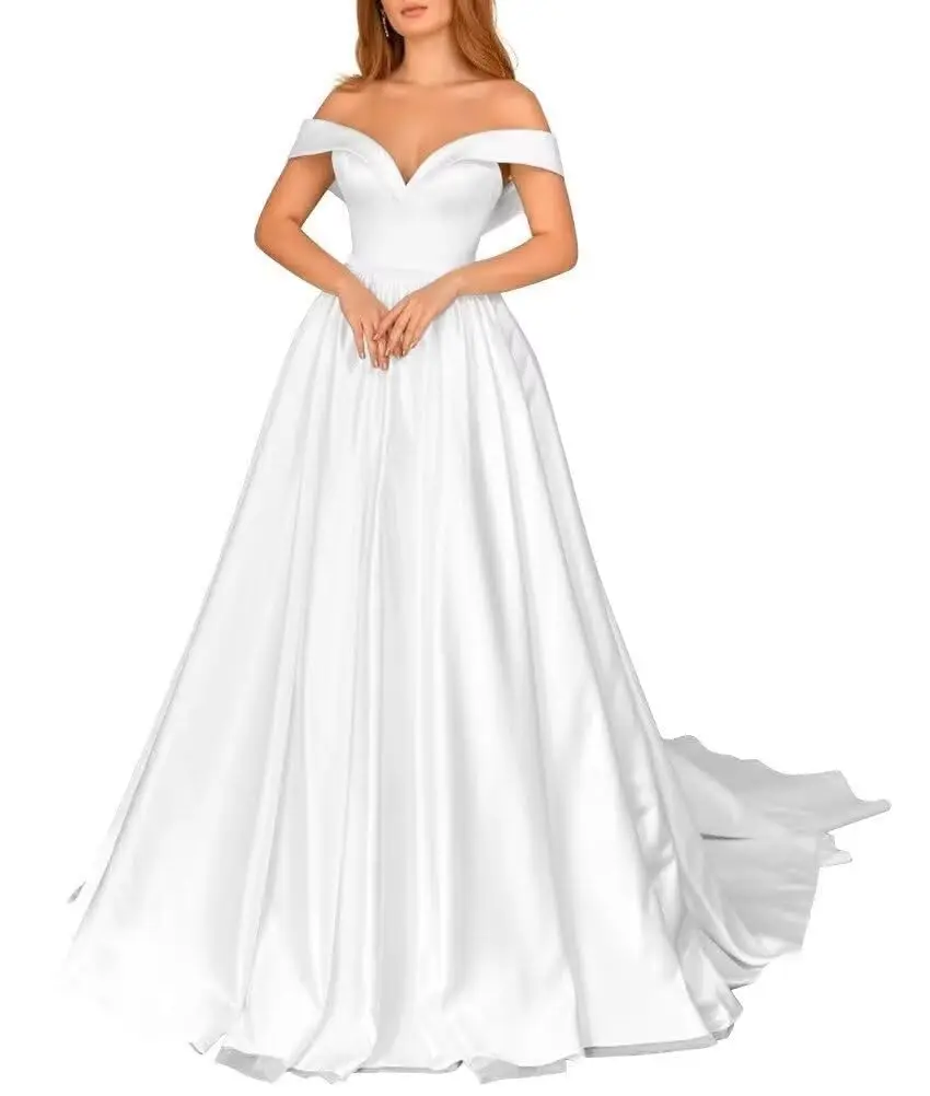 Abiti da sposa personalizzati con spalle scoperte Sweet A Line per la sposa con tasche Abiti da sposa lunghi in raso per le donne con strascico