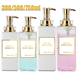 Square Soap Dispenser Bottle Shampoo Body Wash Container with Gold Pump Hand Press Refillable Soap Bottle Waterproof Labels