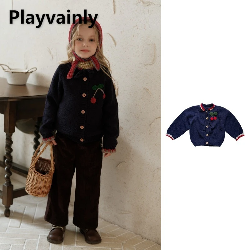 

2025 Новый милый вязаный кардиган вишневого цвета для девочек, темно-синие свитера с длинными рукавами, пальто, вязаный шарф, весенне-осенняя детская одежда W5105