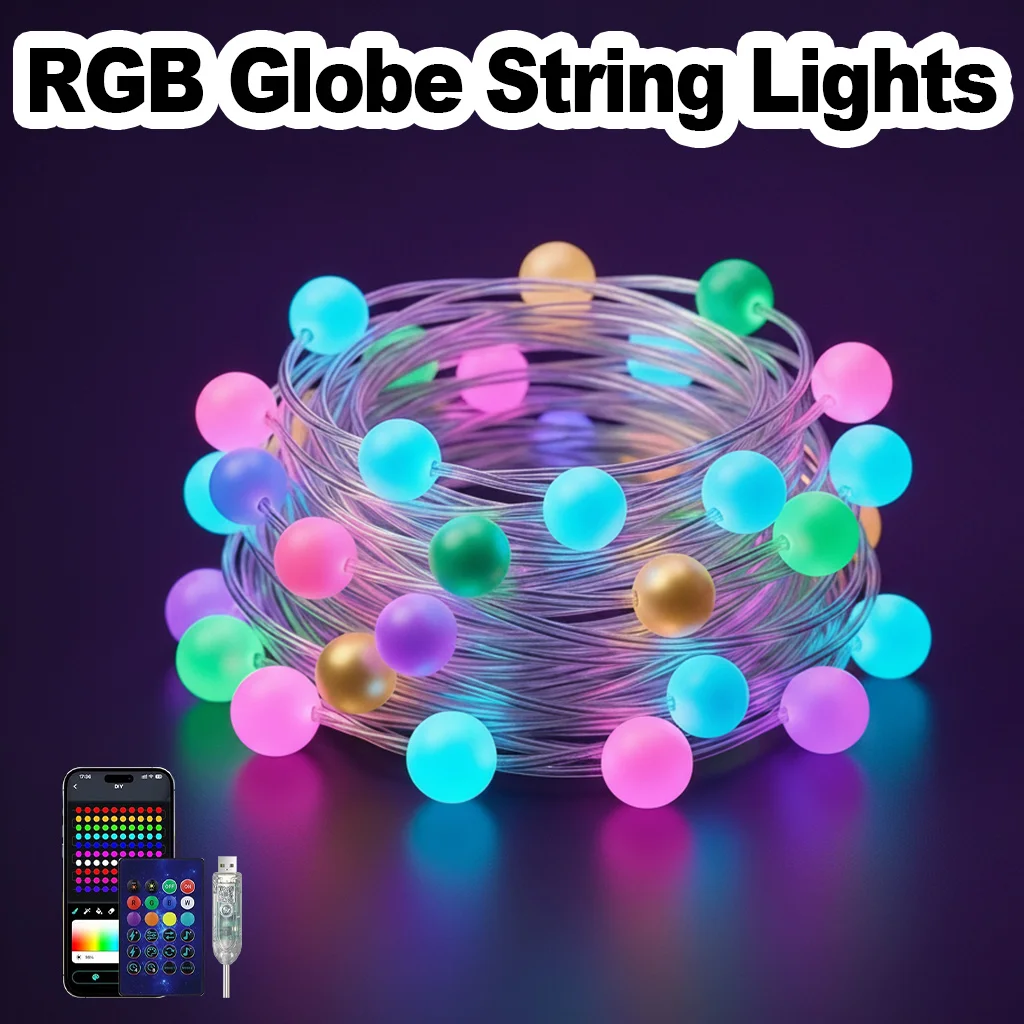 LED Smart DIY Color Changing Ball String Lights 5M 10M 100 LED RGBIC USB APP Remote Timer Dimmable Waterproof Music Sync Dynamic