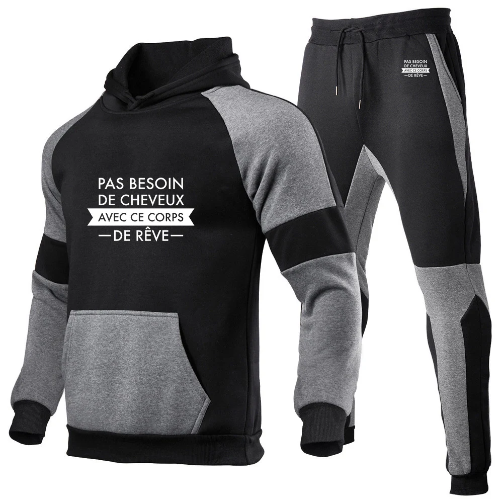 2025 Spring And Autumn Men's No Need for Hair with This Dream Body Print Fashion Patchwork Hoodies+Sports Long Pants Trendy Suit
