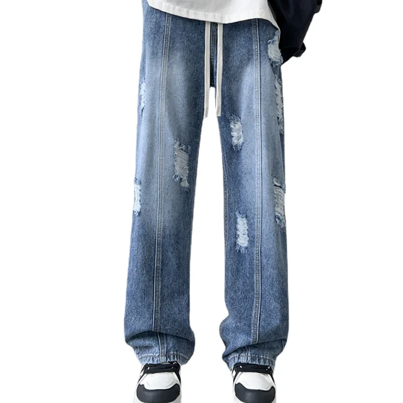 

Рваные джинсы для мужчин, повседневные свободные прямые брюки-трубы в стиле ретро, модные брендовые моющиеся штаны с выдвижной веревкой
