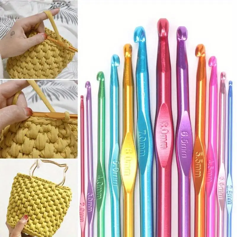 12Pcs Metal Handle Crochet Hook Knitting Needles Set Aluminum Bamboo 2mm to 8mm