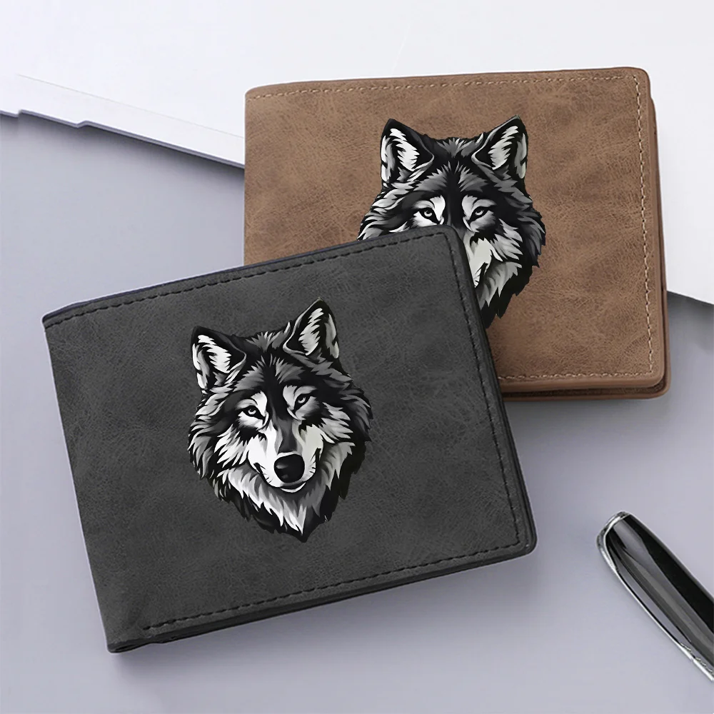 Cold gray wolf-head printed double-fold multi-pocket cash pocket short-style men's fashionable animal-pattern coin purse
