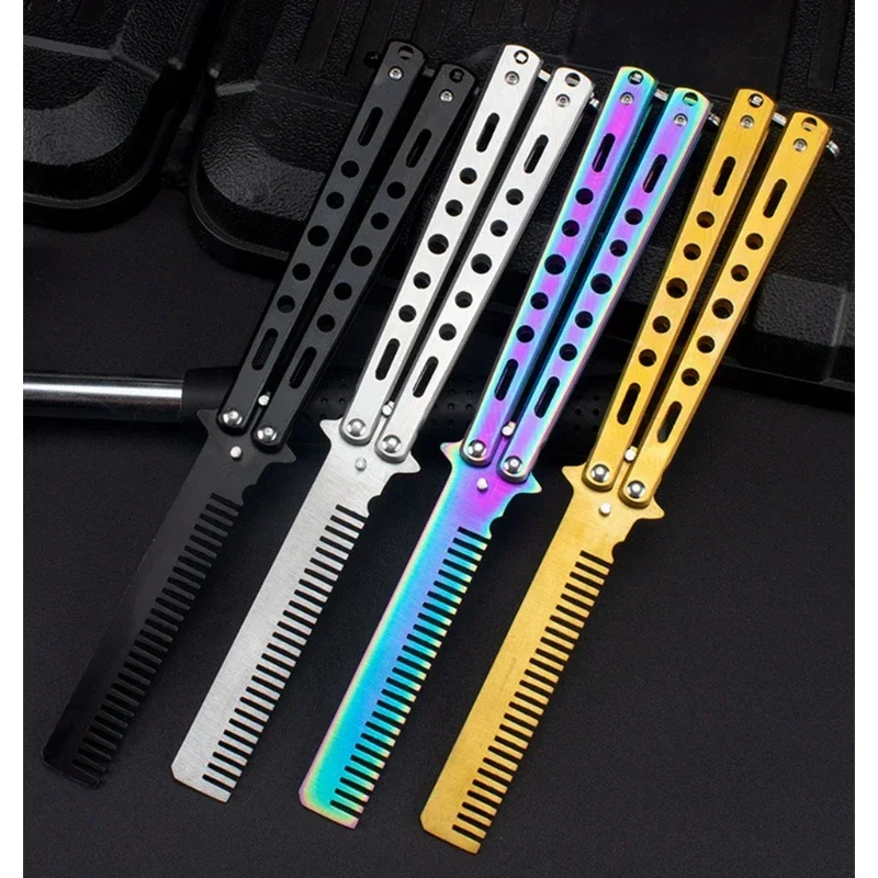 Foldable Comb Stainless Steel Practice Training Butterfly Knife Comb Beard Moustache Brushe Salon Hairdressing Hair Styling Tool